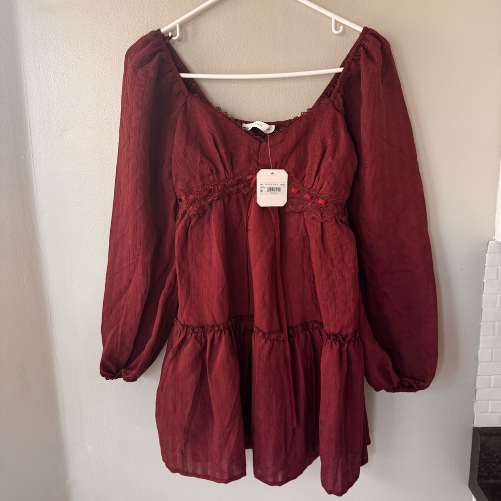 NWT Altar'd State Jasmine Burgundy Eyelet Mini Dress Long Sleeve XS